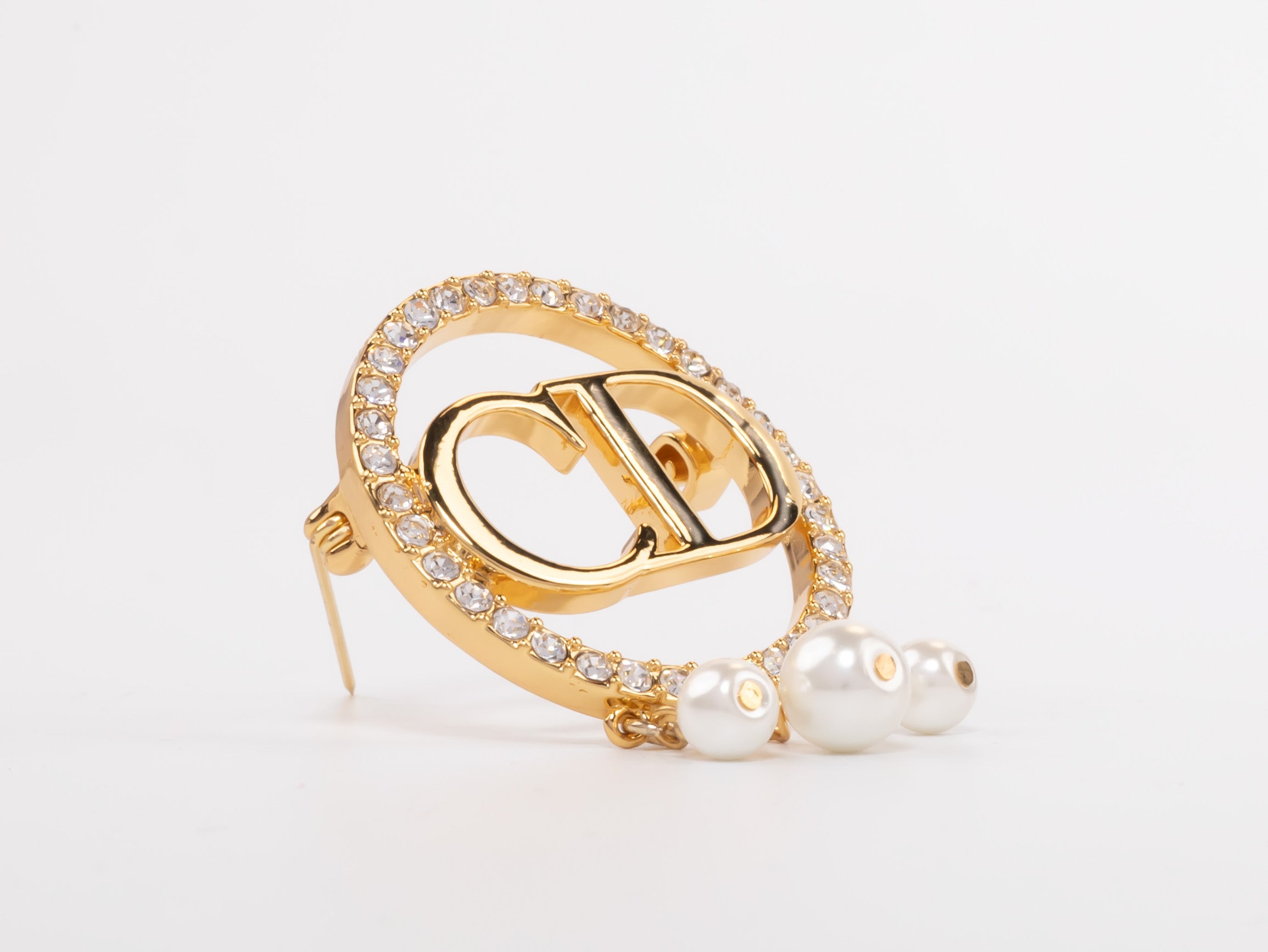 Gold Alphabet C and D brooch with cz and pearl dangles