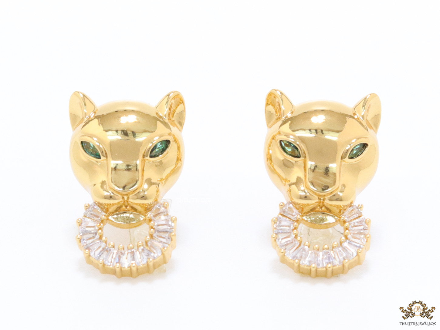Golden panther face studs with cz baguette ring
