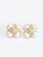 Gold double C CZ & pearl Bubble Square Studs