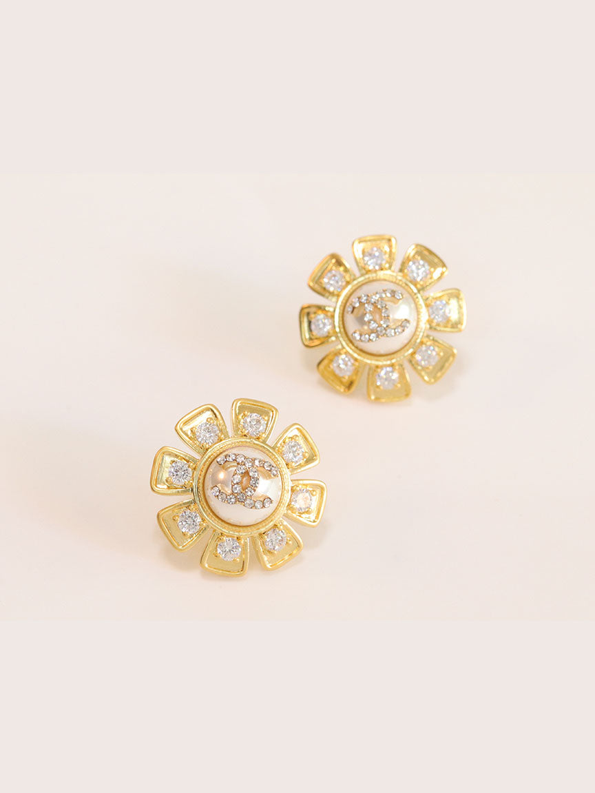 Gold sun double C CZ and Pearl earrings