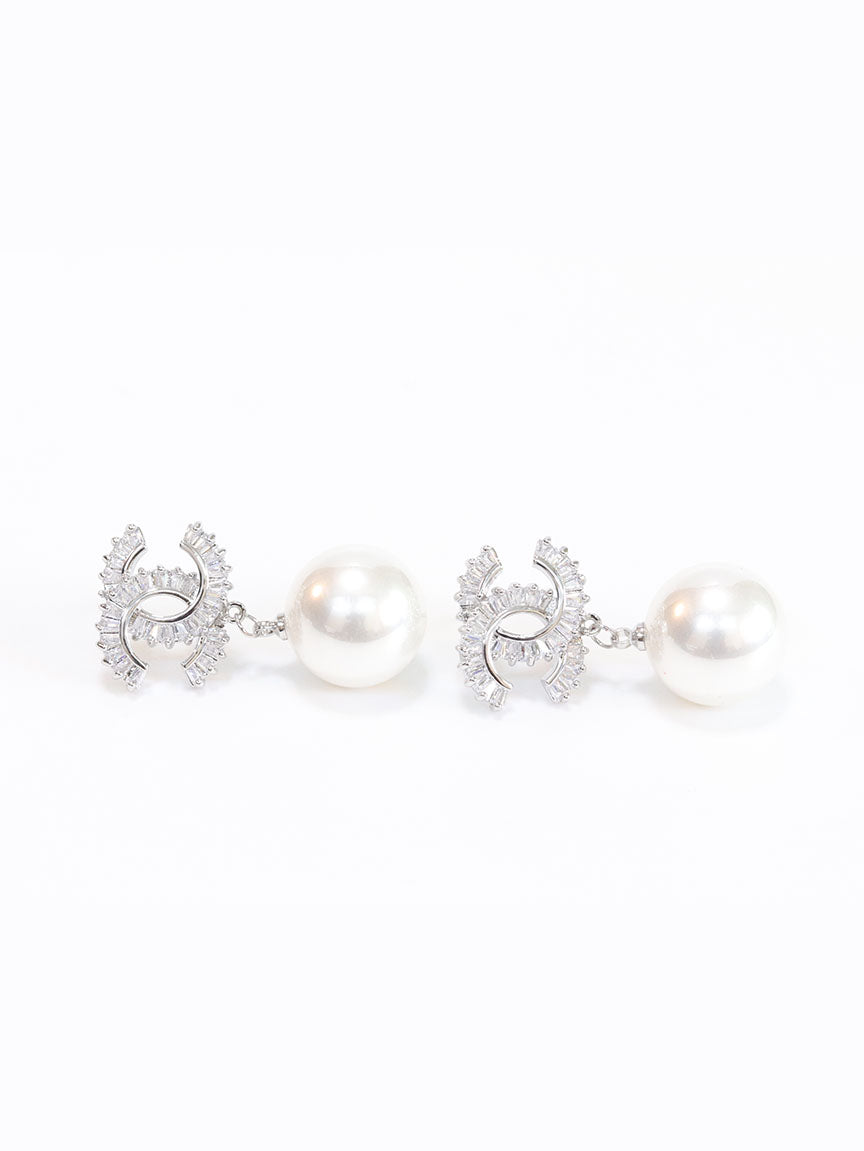 Double C cz baguette and pearl silver earrings