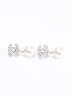 Double C cz baguette and pearl silver earrings