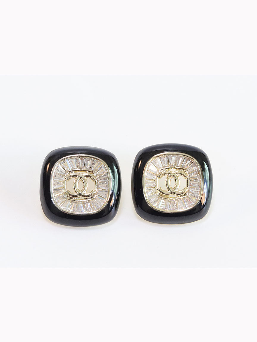 Double C Black enamel CZ square studs