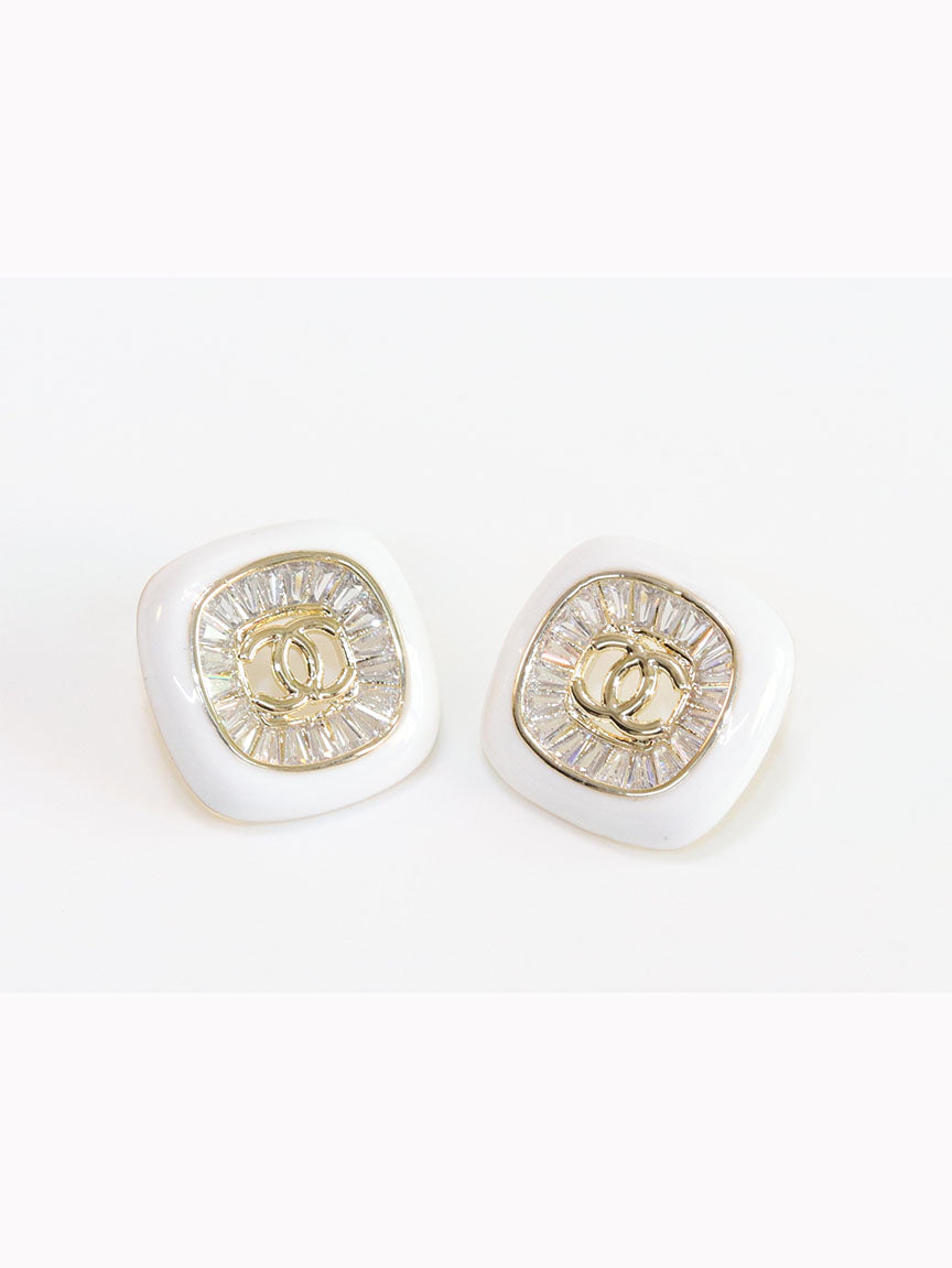 Double C White enamel CZ square studs