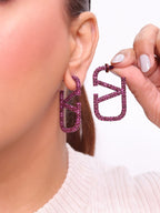 Alphabet V purple cz rectagular hoops 45 mm