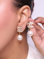 Double C cz baguette and pearl gold earrings
