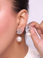 Double C cz baguette and pearl silver earrings