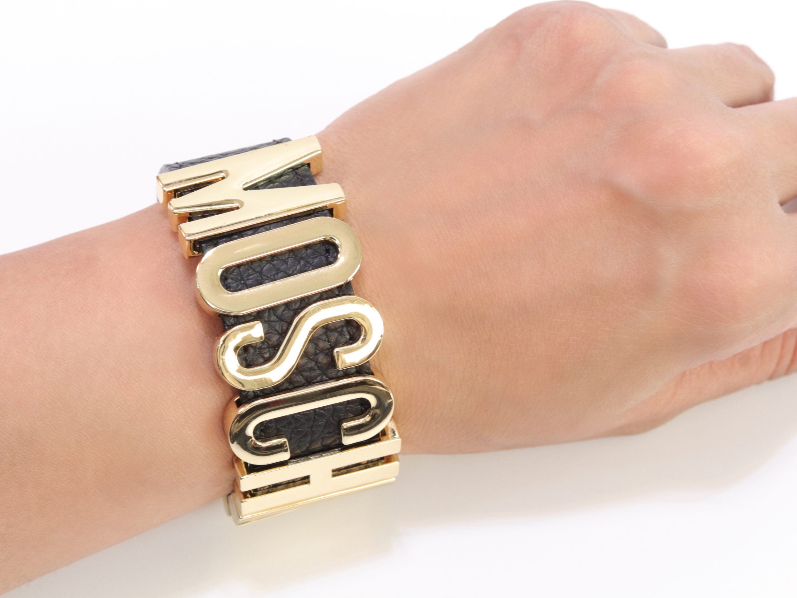 Alphabet M black colour bracelet in gold finish