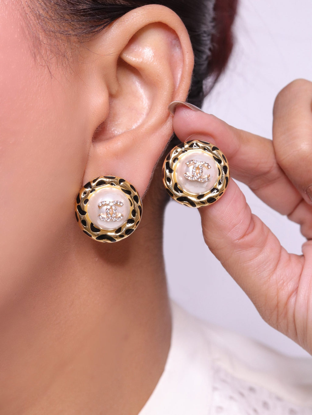 Gold double C CZ round black enamel studs