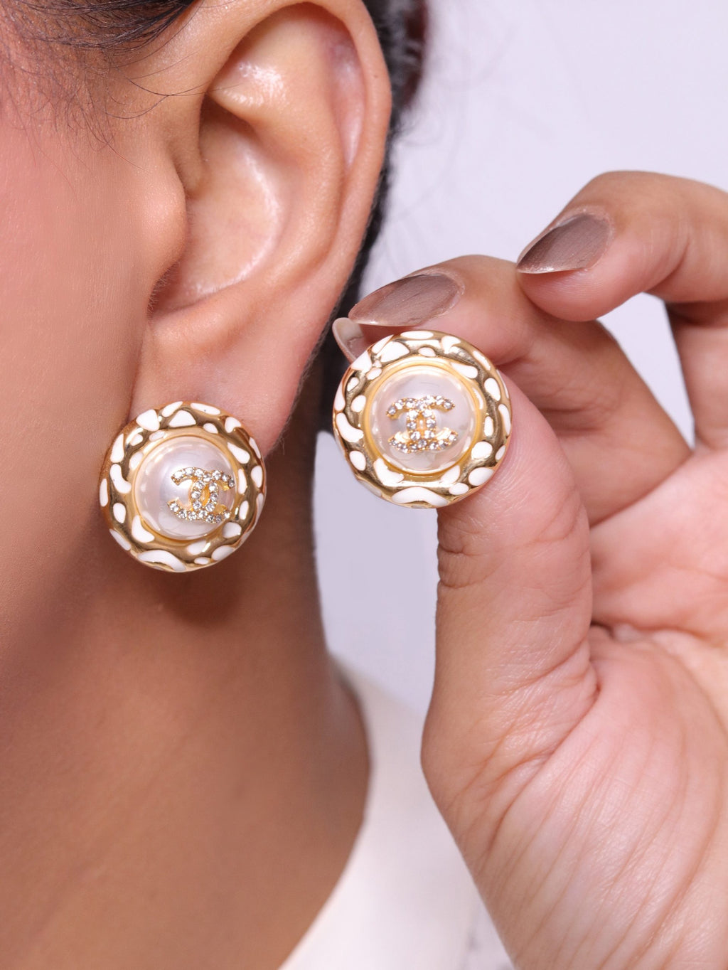Gold double C CZ round white enamel studs