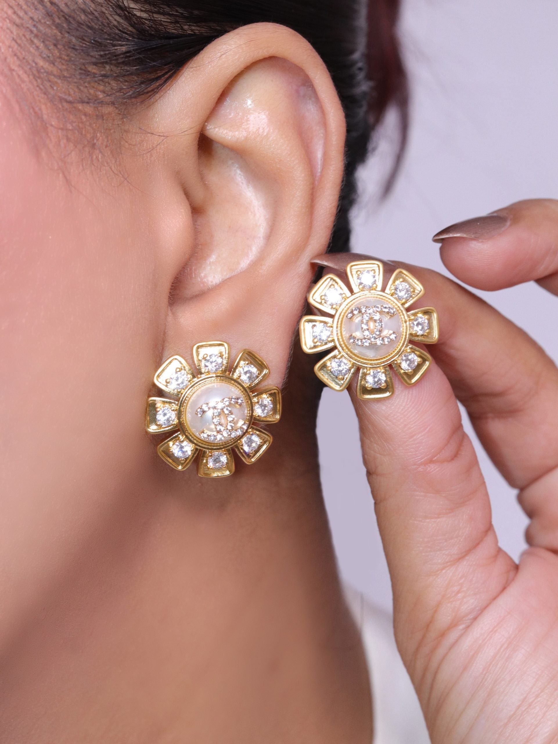 Gold sun double C CZ and Pearl earrings