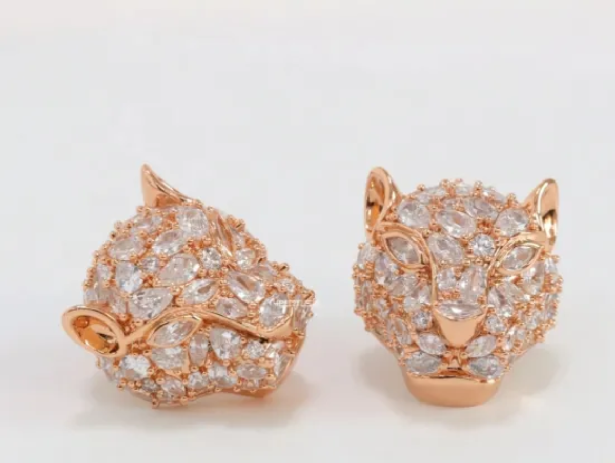 Panther head stud earrings in rose gold plating and cz