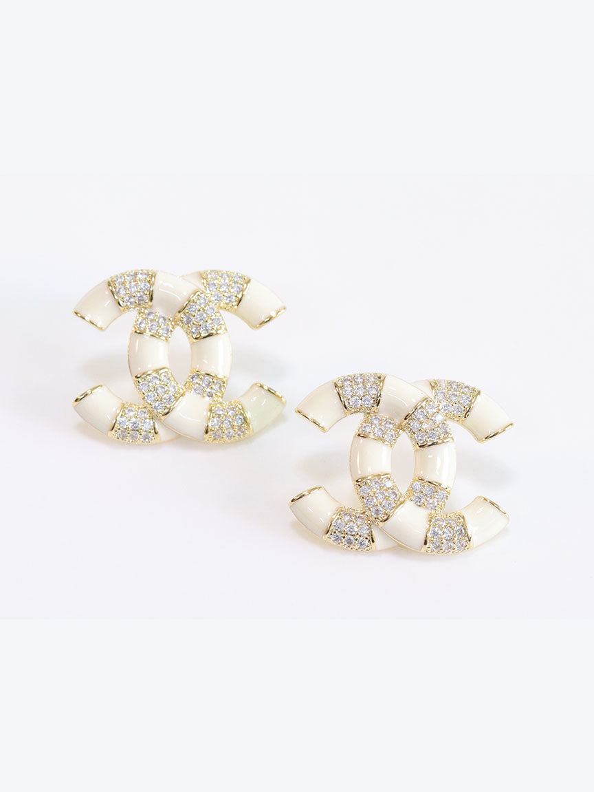 Double C White Enamel CZ  earrings