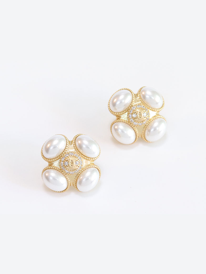 Gold double C CZ & pearl Bubble Square Studs