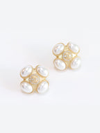 Gold double C CZ & pearl Bubble Square Studs