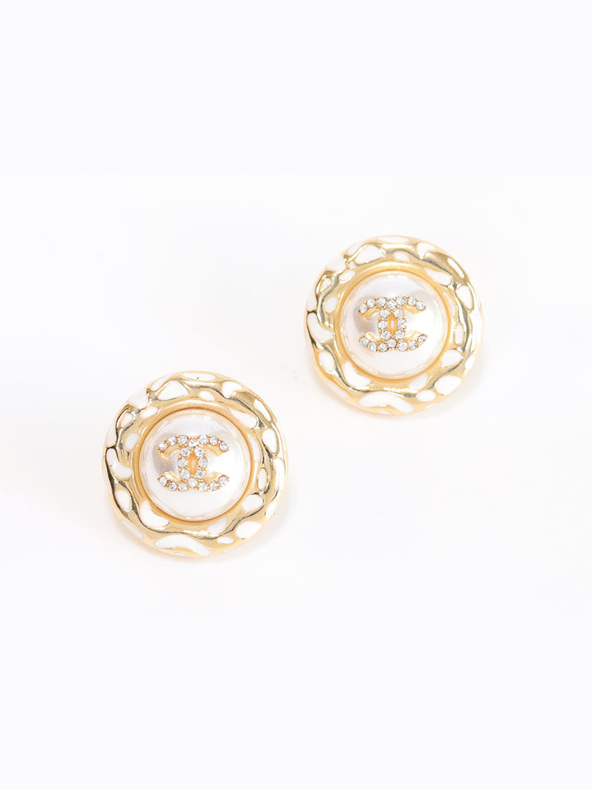 Gold double C CZ round white enamel studs