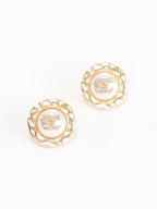 Gold double C CZ round white enamel studs