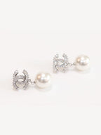 Double C cz baguette and pearl silver earrings