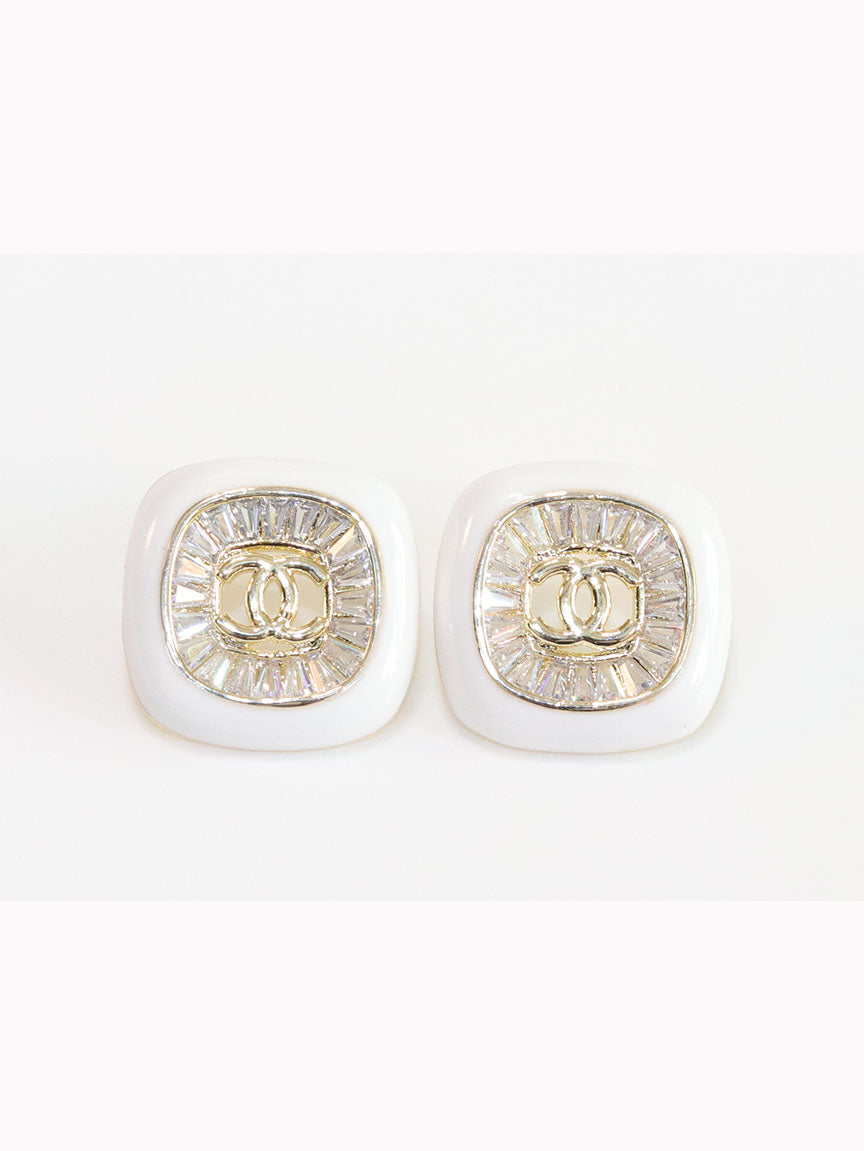 Double C White enamel CZ square studs