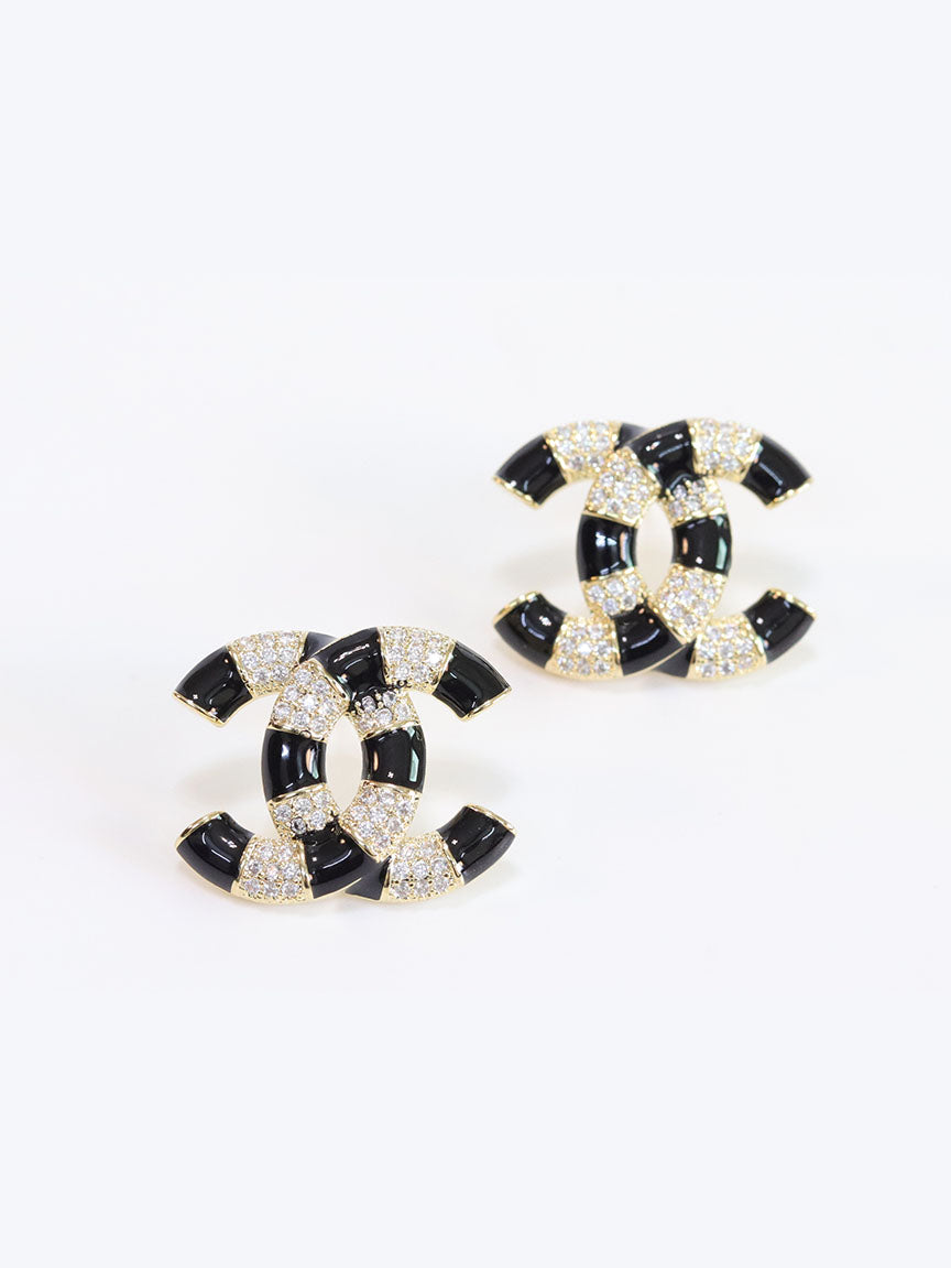 Double C Black Enamel CZ earrings