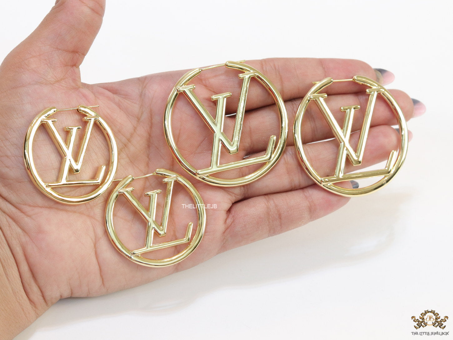 Gold plated L and V alphabet hoops 50 mm