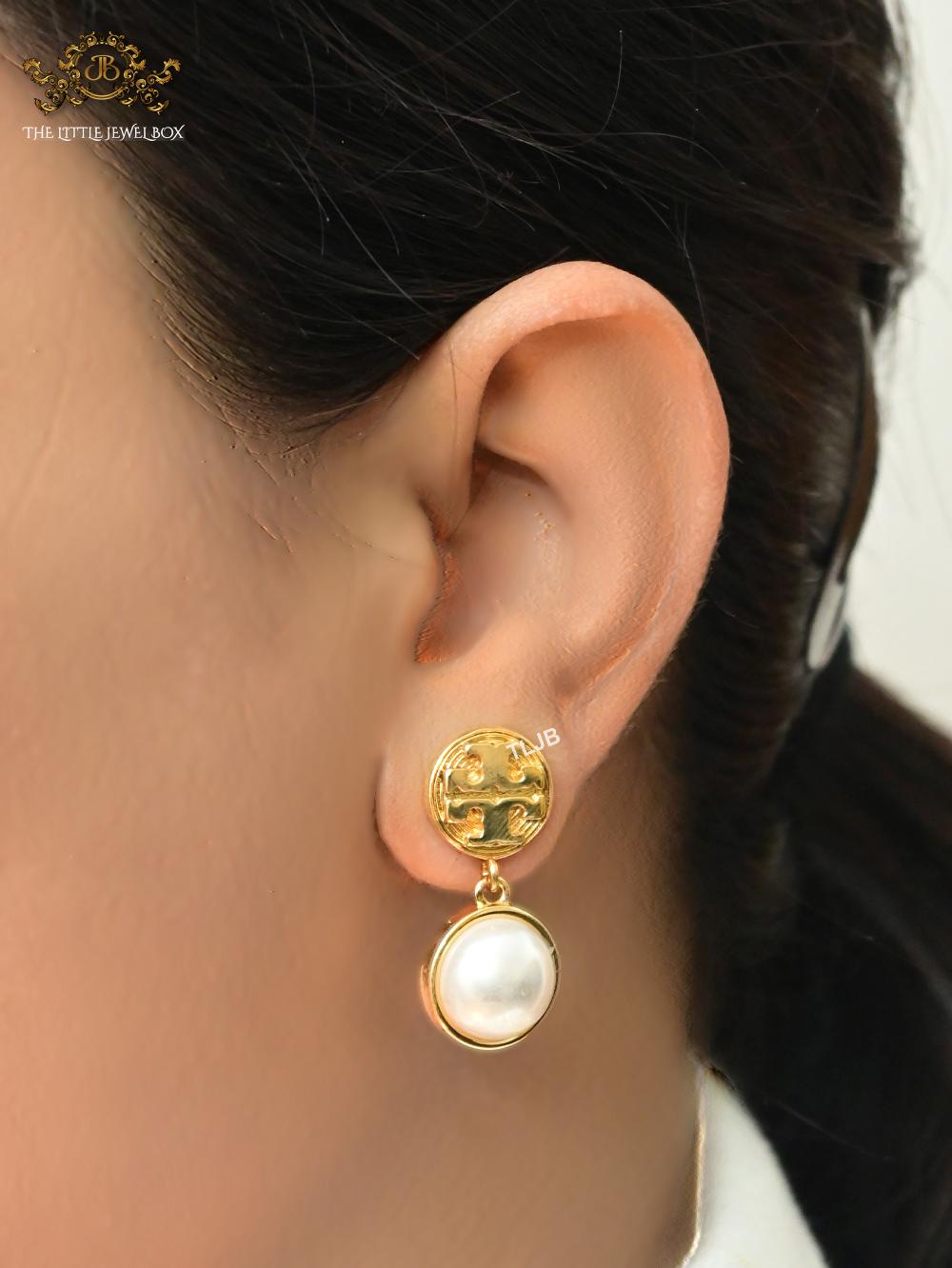 Alphabet T gold and pearl earrings