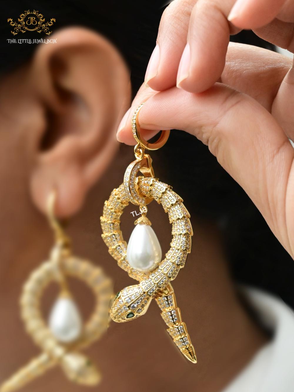 Gold serpentine & pearl statement earrings