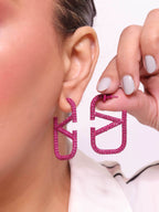 Alphabet V magenta rhinestones hoops