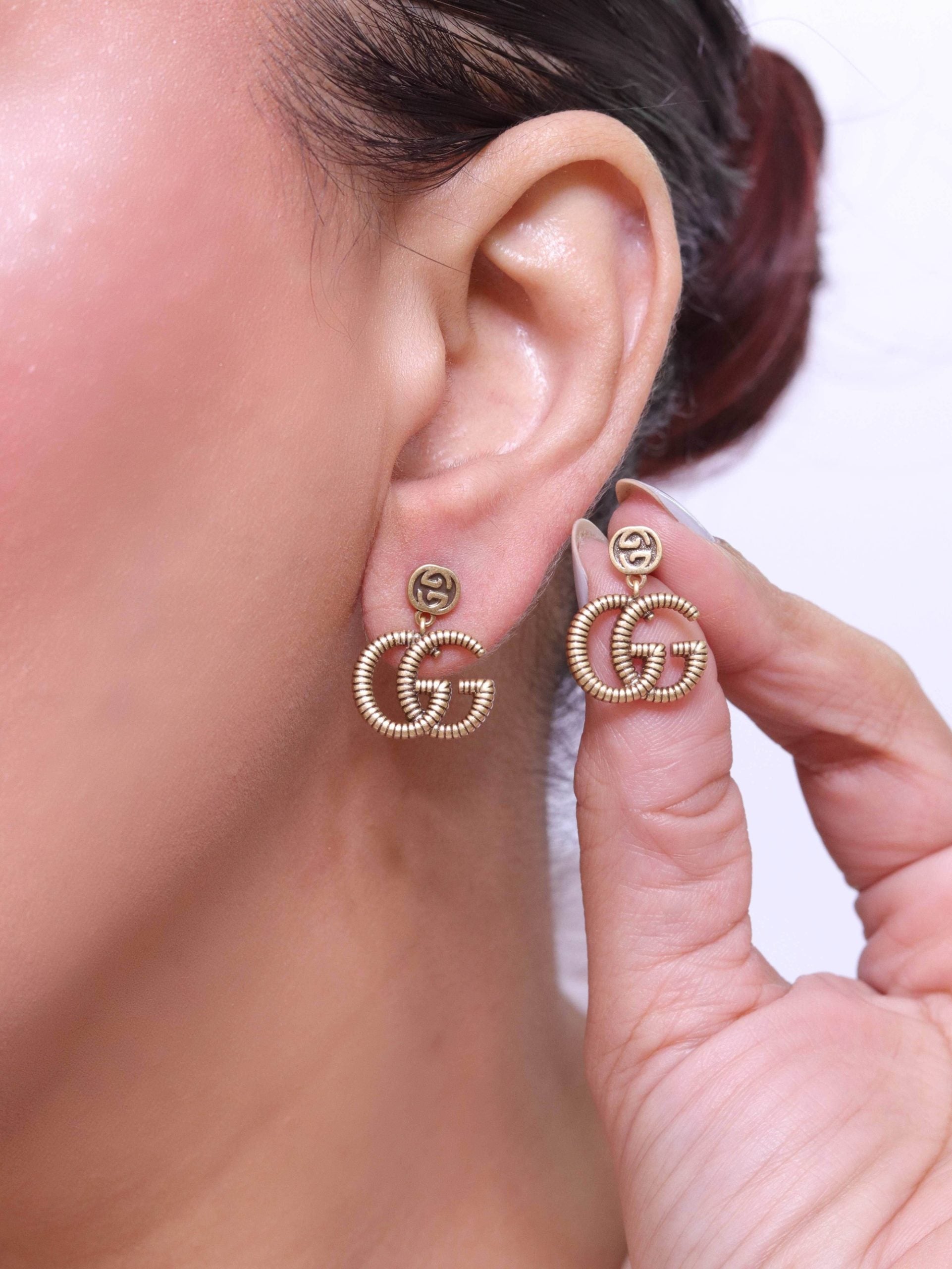 Double G rustic gold stud dangles