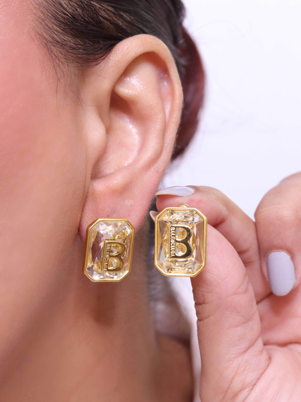 Alphabet B large cz earrings in gold finish