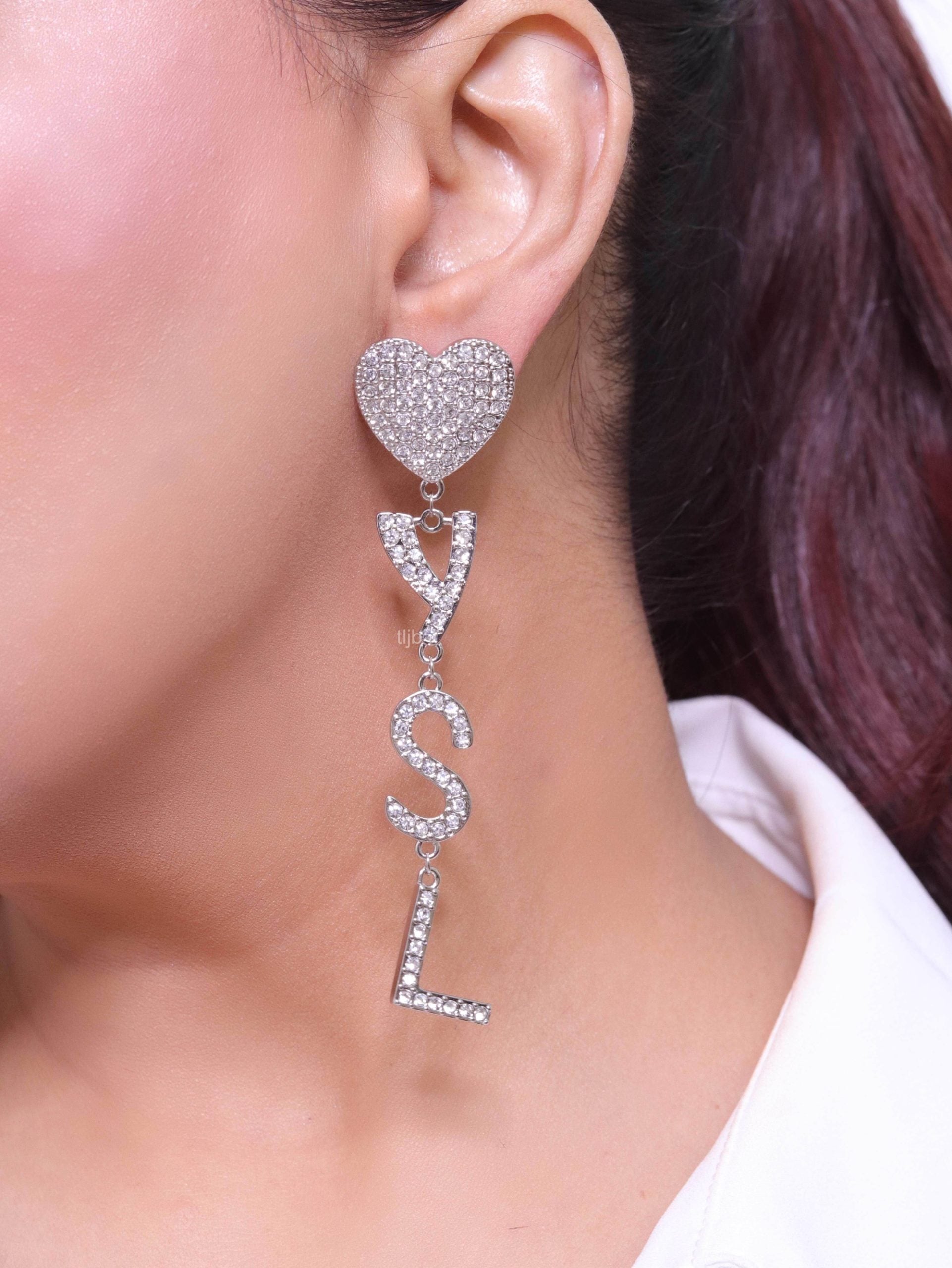 Alphabet Y S and L heart dangles in platinum finish in cz