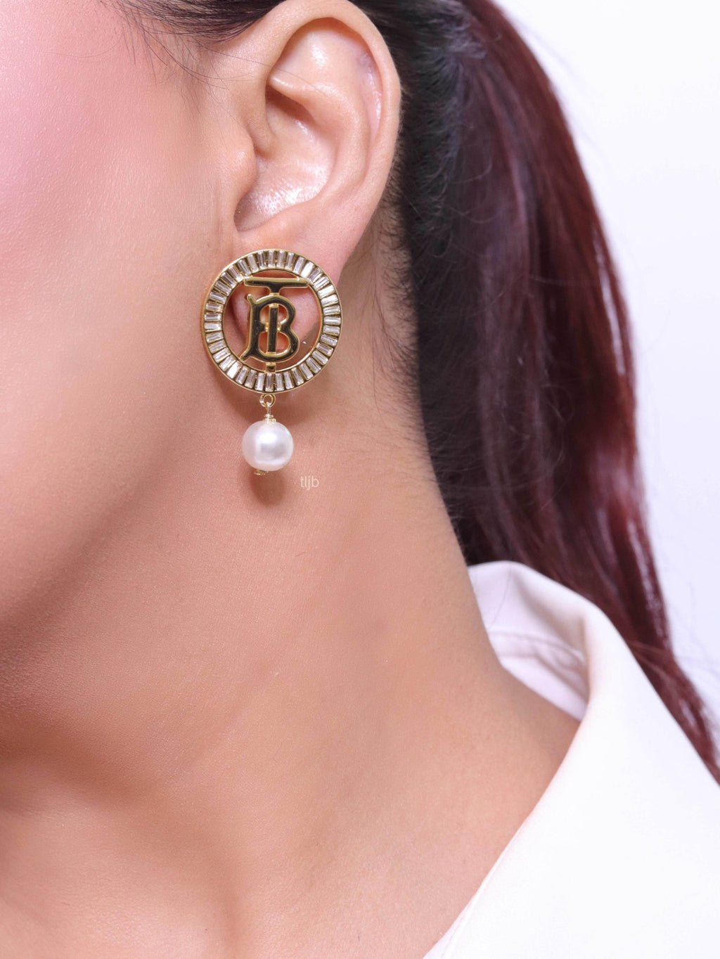 Alphabet B gold circle earrings with pearl and CZ