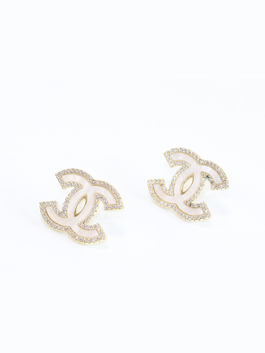 Double C White MOP CZ border earrings