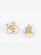 Gold double C CZ & pearl Bubble Square Studs