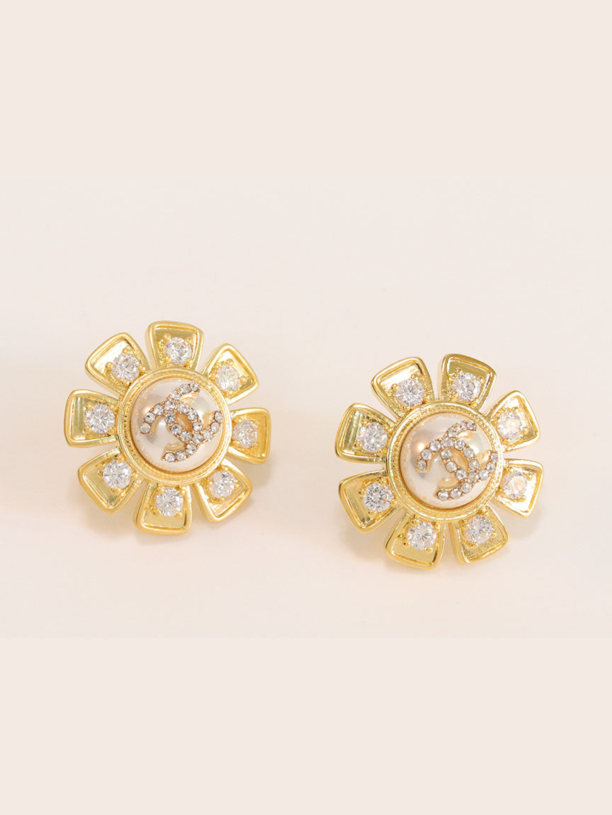 Gold sun double C CZ and Pearl earrings
