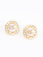 Gold double C CZ round white enamel studs