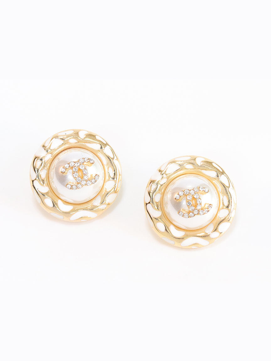 Gold double C CZ round white enamel studs