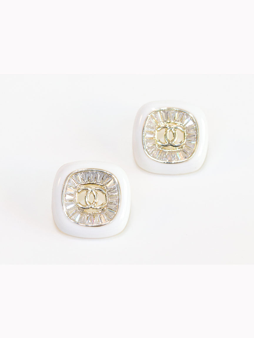 Double C White enamel CZ square studs