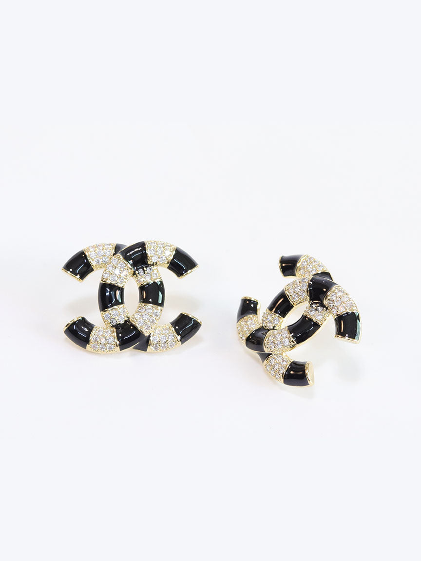 Double C Black Enamel CZ earrings