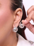 Alphabet L and V black embossed round small earring in silver finish