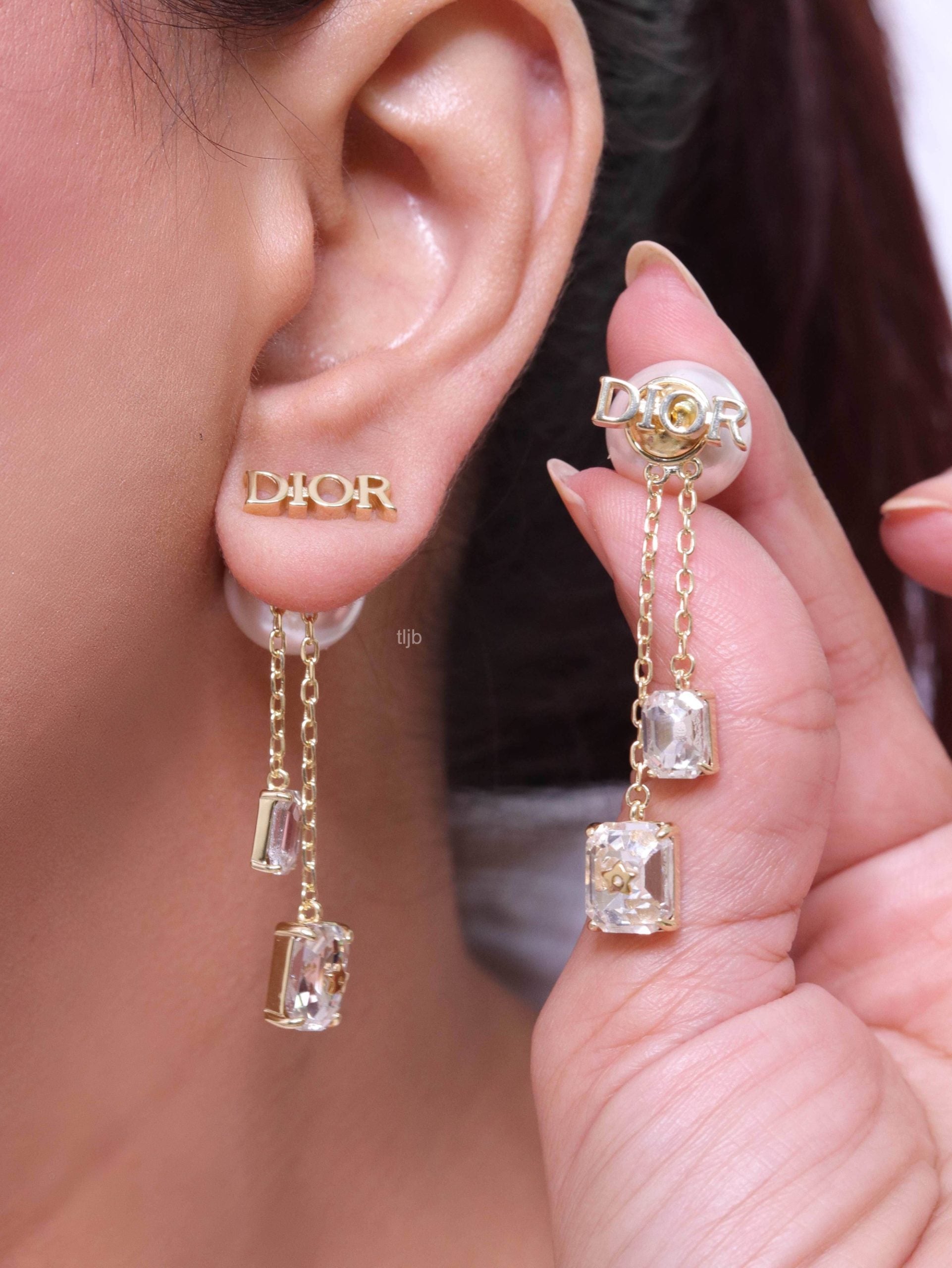 Alphabet C and D dangling pearl studs with CZ