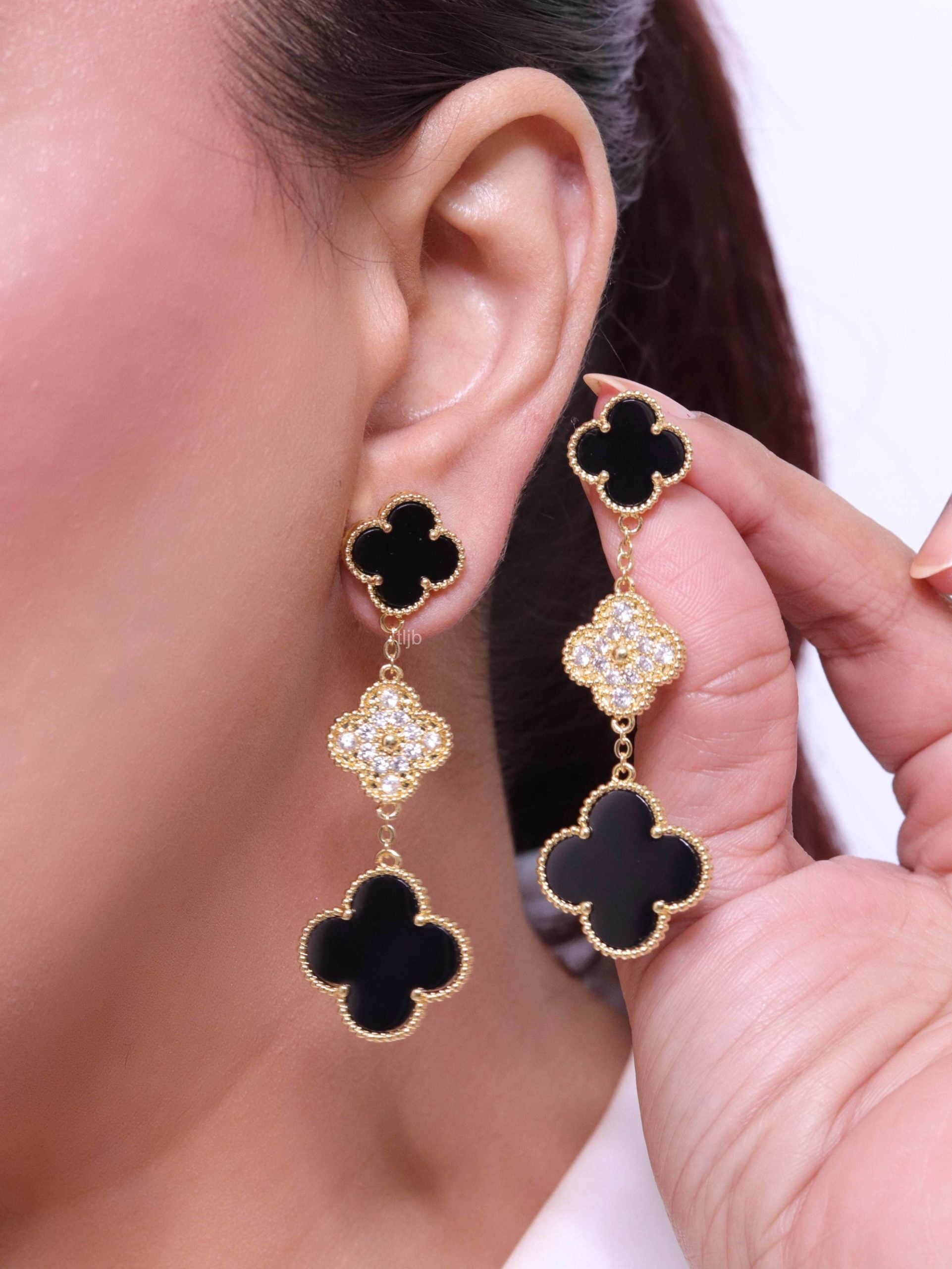 Black and gold cz long flower dangles - MOP / Clover Design