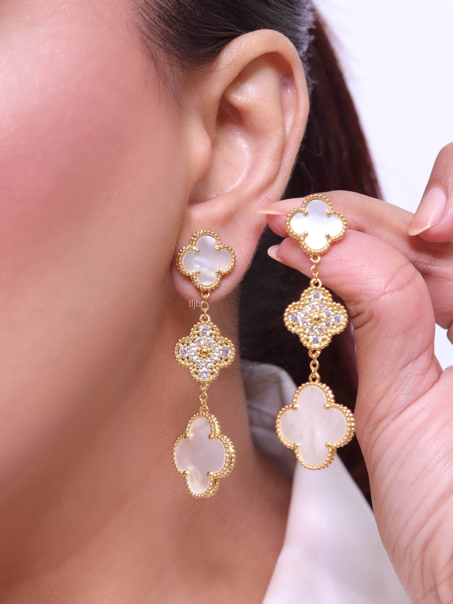 White and gold cz long flower dangles - MOP / clover Design