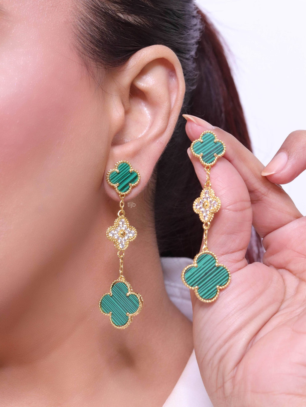Green and gold cz long flower dangles - MOP / Clover / Malachite Design