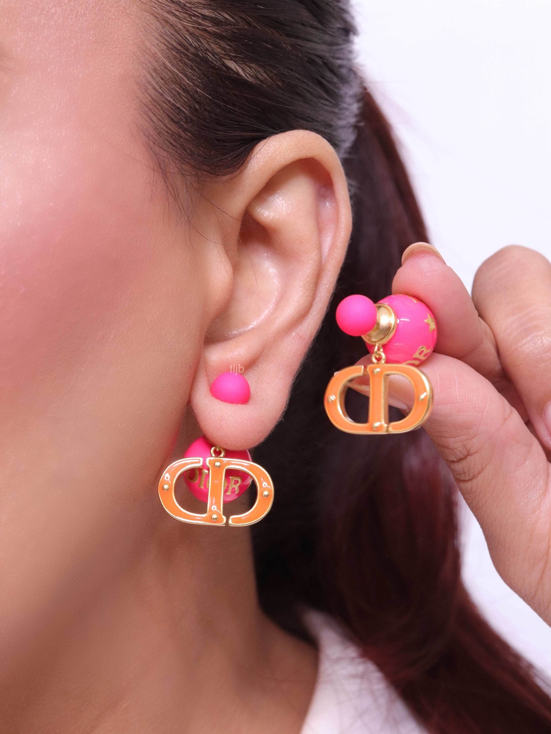 Pink and Orange alphabet CD stud in gold finish