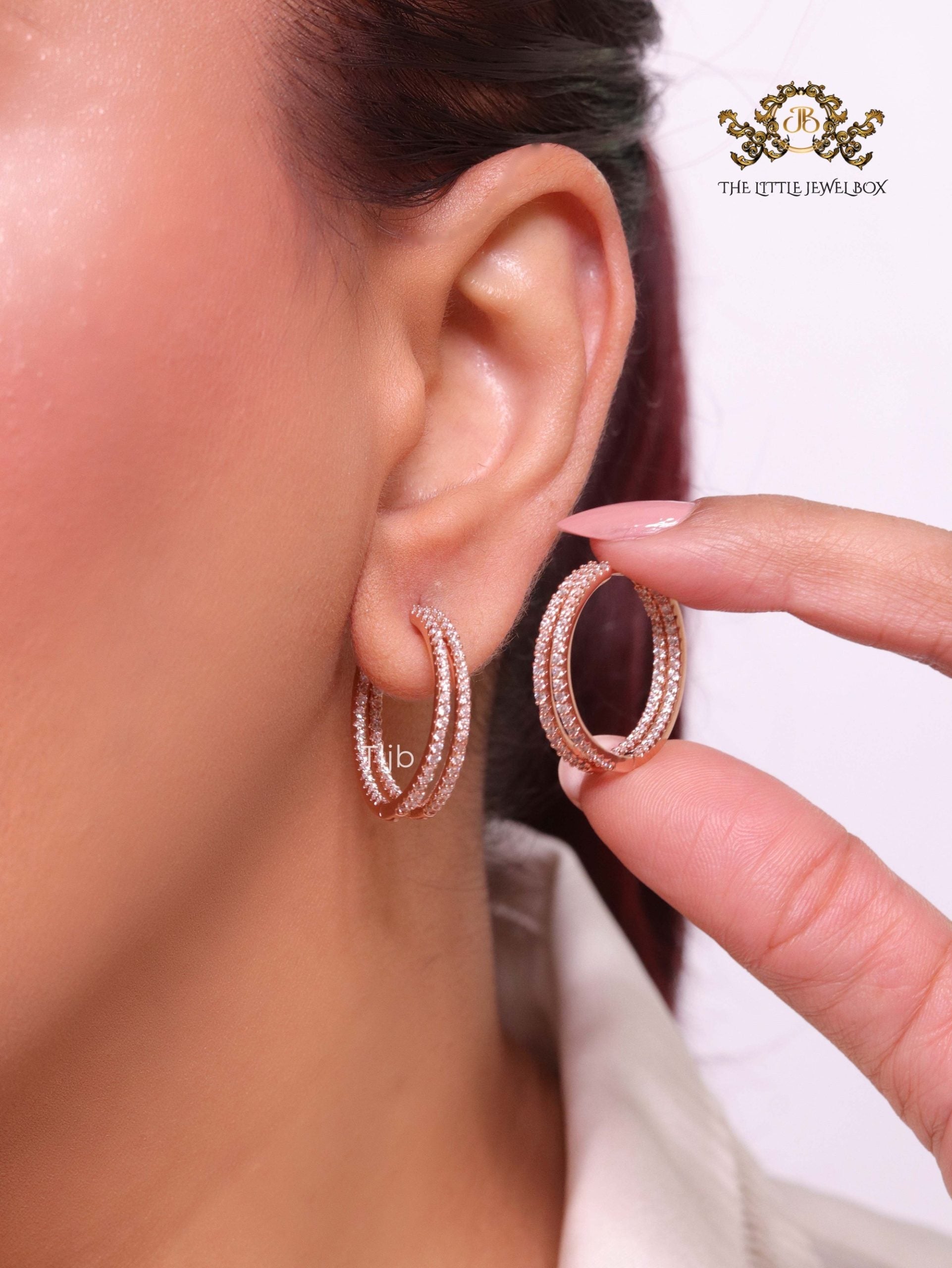 Double layered hoops with CZ in rose gold finish