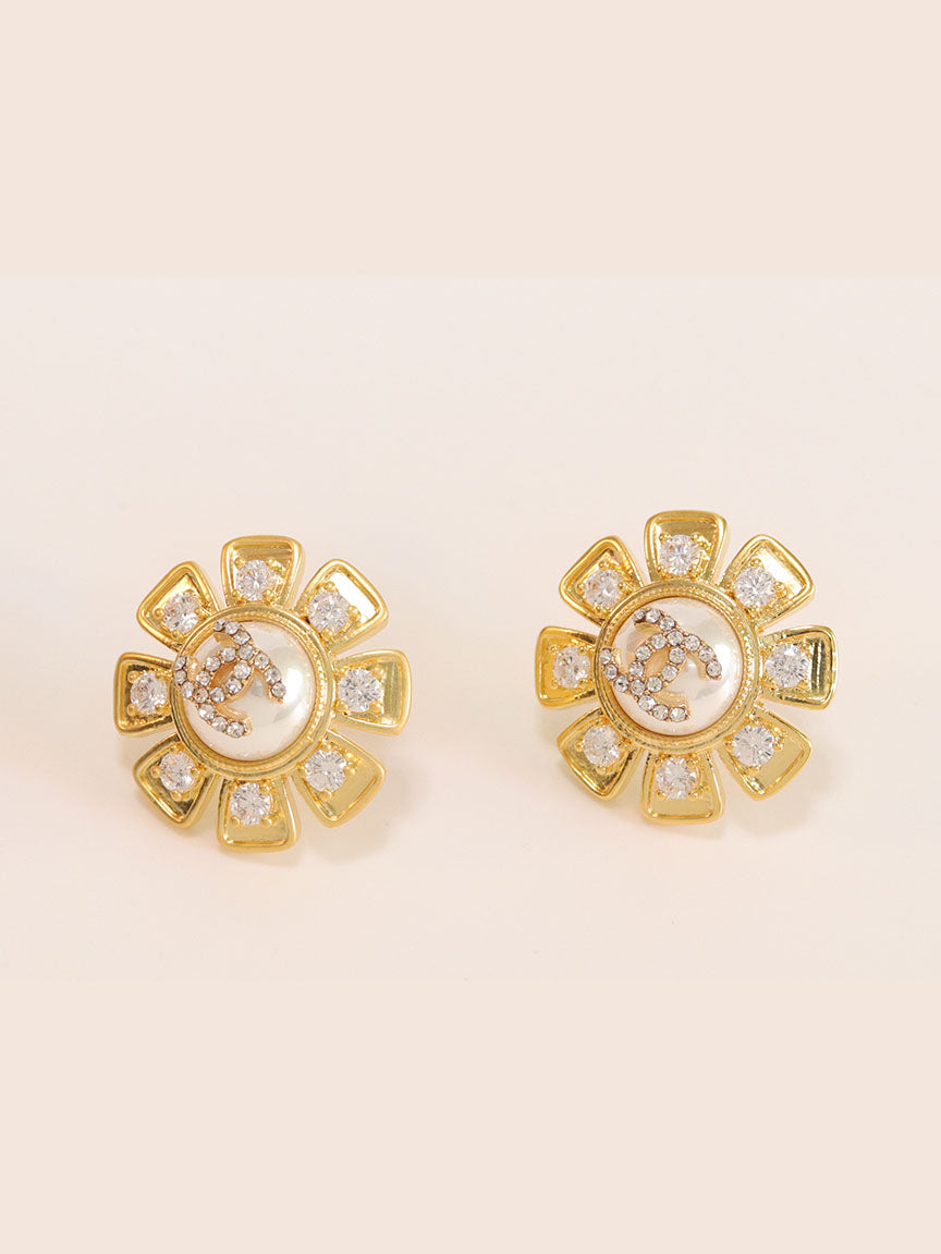 Gold sun double C CZ and Pearl earrings