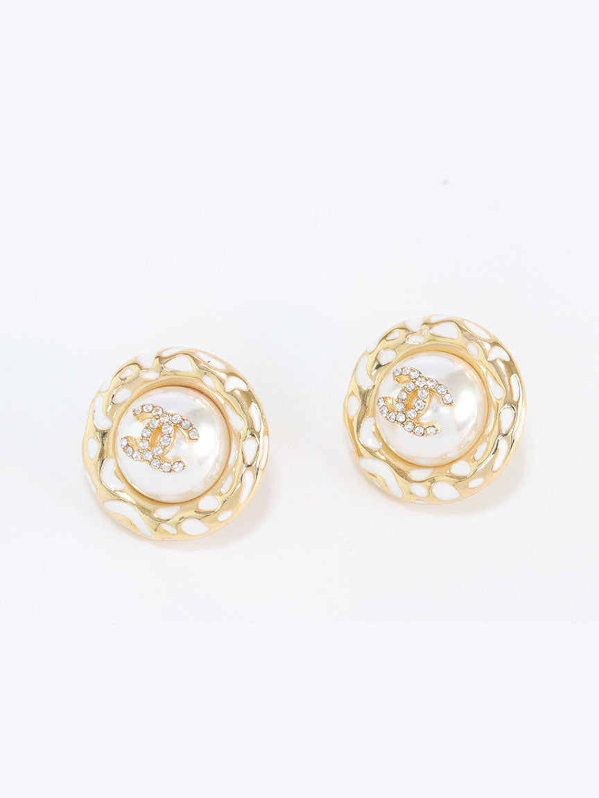 Gold double C CZ round white enamel studs