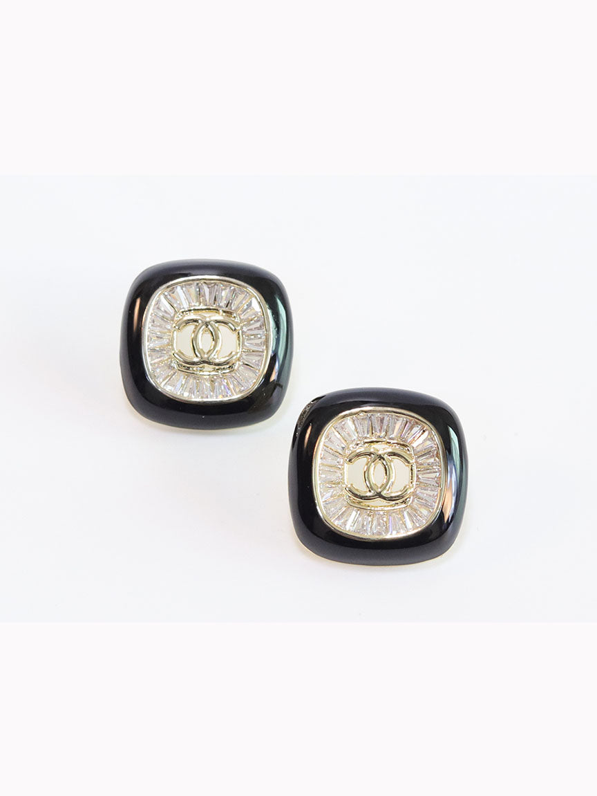 Double C Black enamel CZ square studs