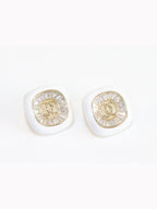 Double C White enamel CZ square studs